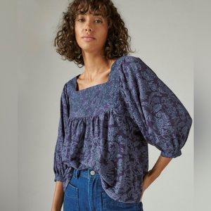 Lucky Brand Blue Tonal Embroidered Square Neck Blouse NWT size XS (oversized)